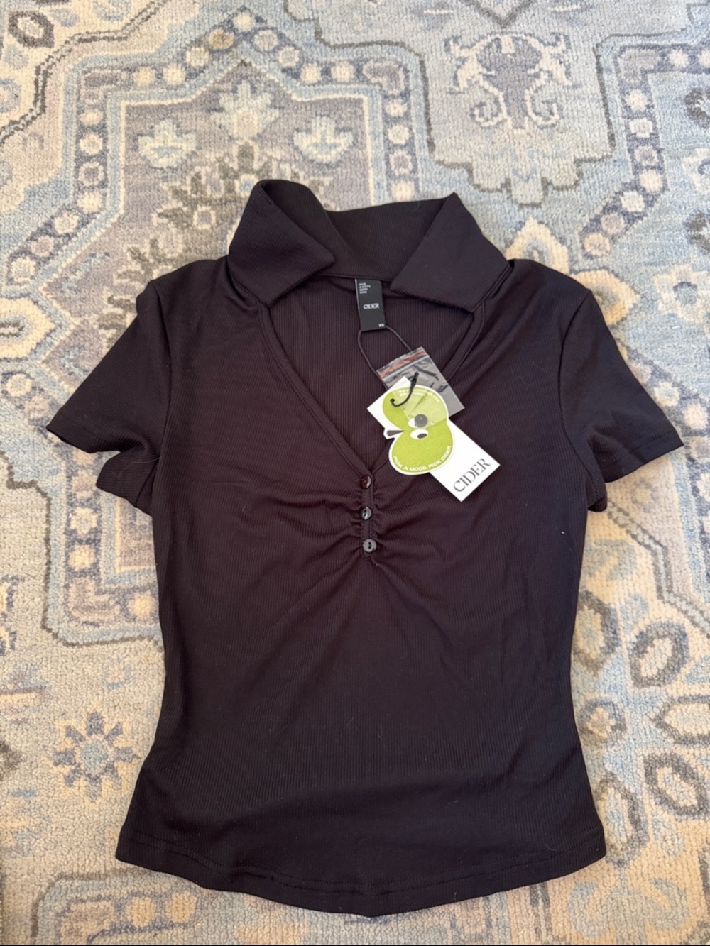 Cider Black Short-Sleeve Ribbed Polo V-Neck Top